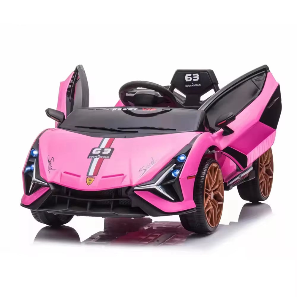 The MC Wholesalers 12v Lamborghini Inspired ride on race car in pink features gold wheels, open scissor doors, black racing stripes, and number 63 accents—perfect for kids seeking a stylish and sporty electric car.