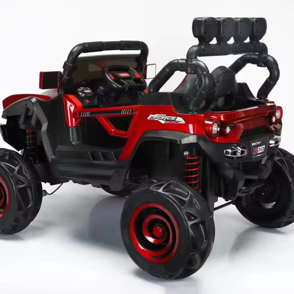 Cherry red 12V 4WD kids ride-on monster truck buggy with chunky off-road tires and remote control