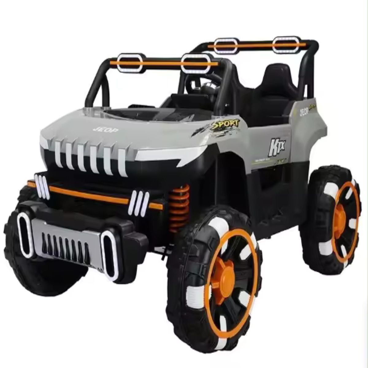 Grey 24V electric 2-seater kids UTV ride-on buggy with Bluetooth, suspension, and remote control features.