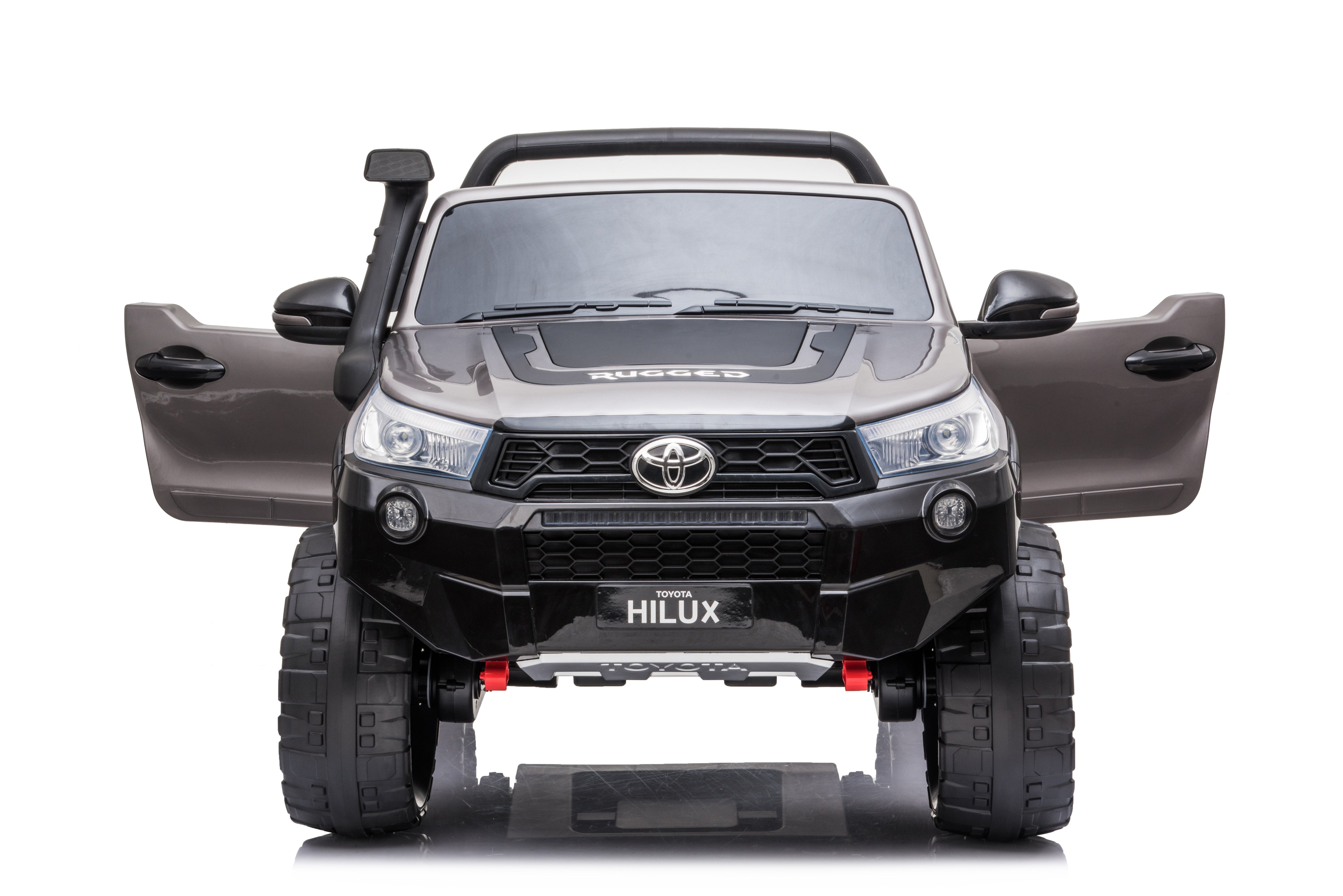Licensed Toyota Hilux Rugged 24V grey kids ride-on car with open doors, LED lights, and rugged tires, 2-seater 4x4 SUV style.