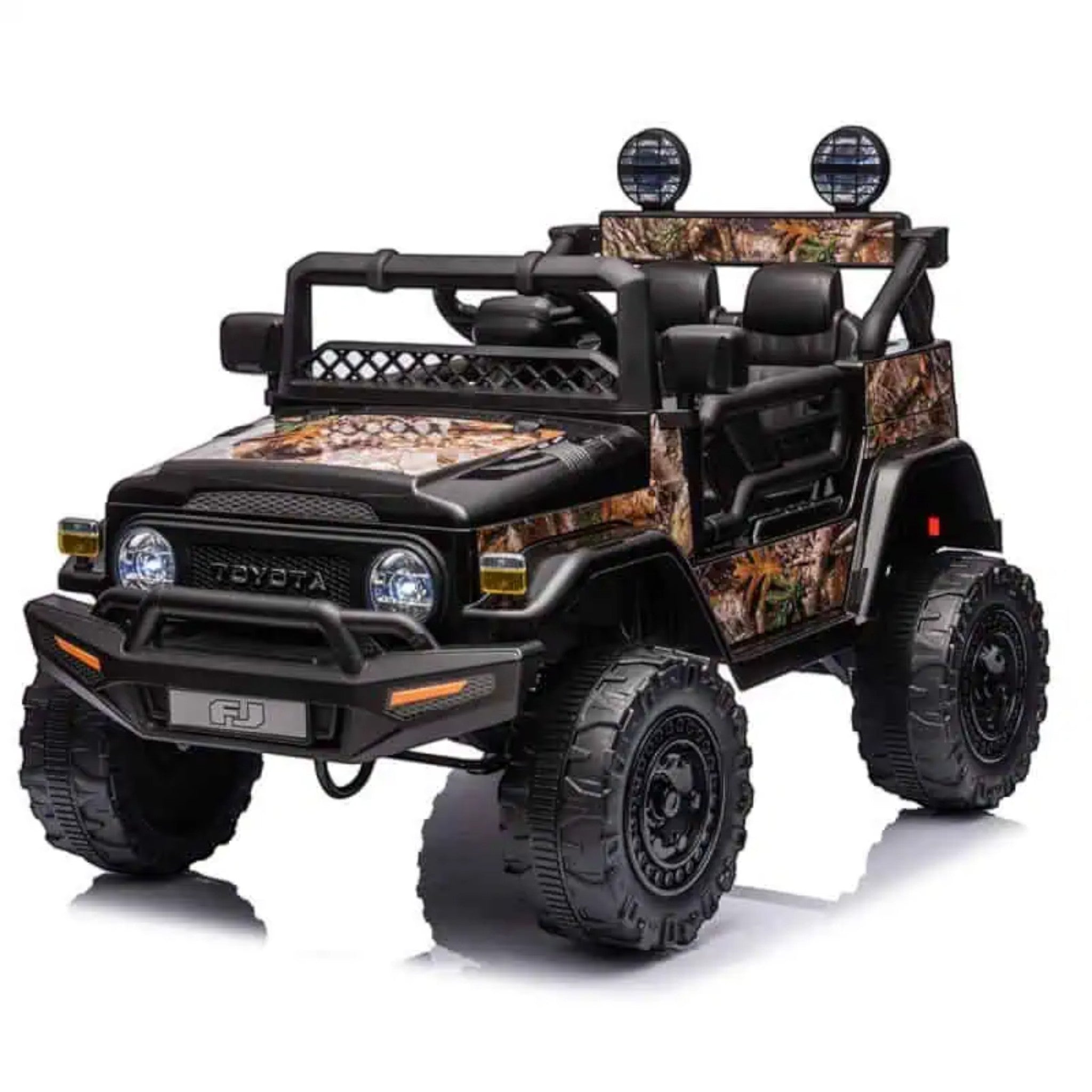 Licensed Toyota FJ Cruiser 12V kids ride-on car with remote, camouflage design, LED lights, and rugged off-road style.