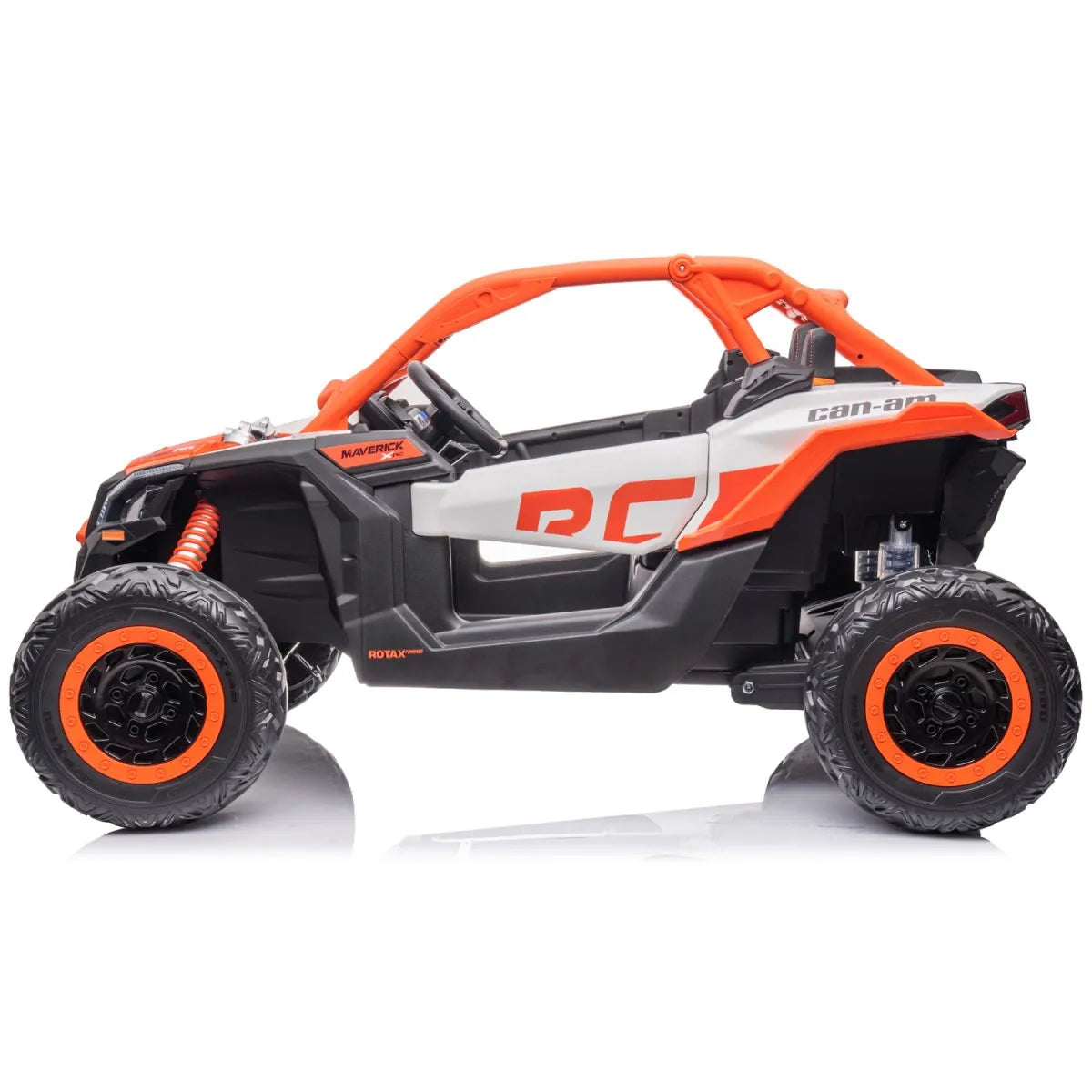 Orange licensed Can-Am 2-seater electric kids ride-on buggy with soft tires and sturdy off-road design