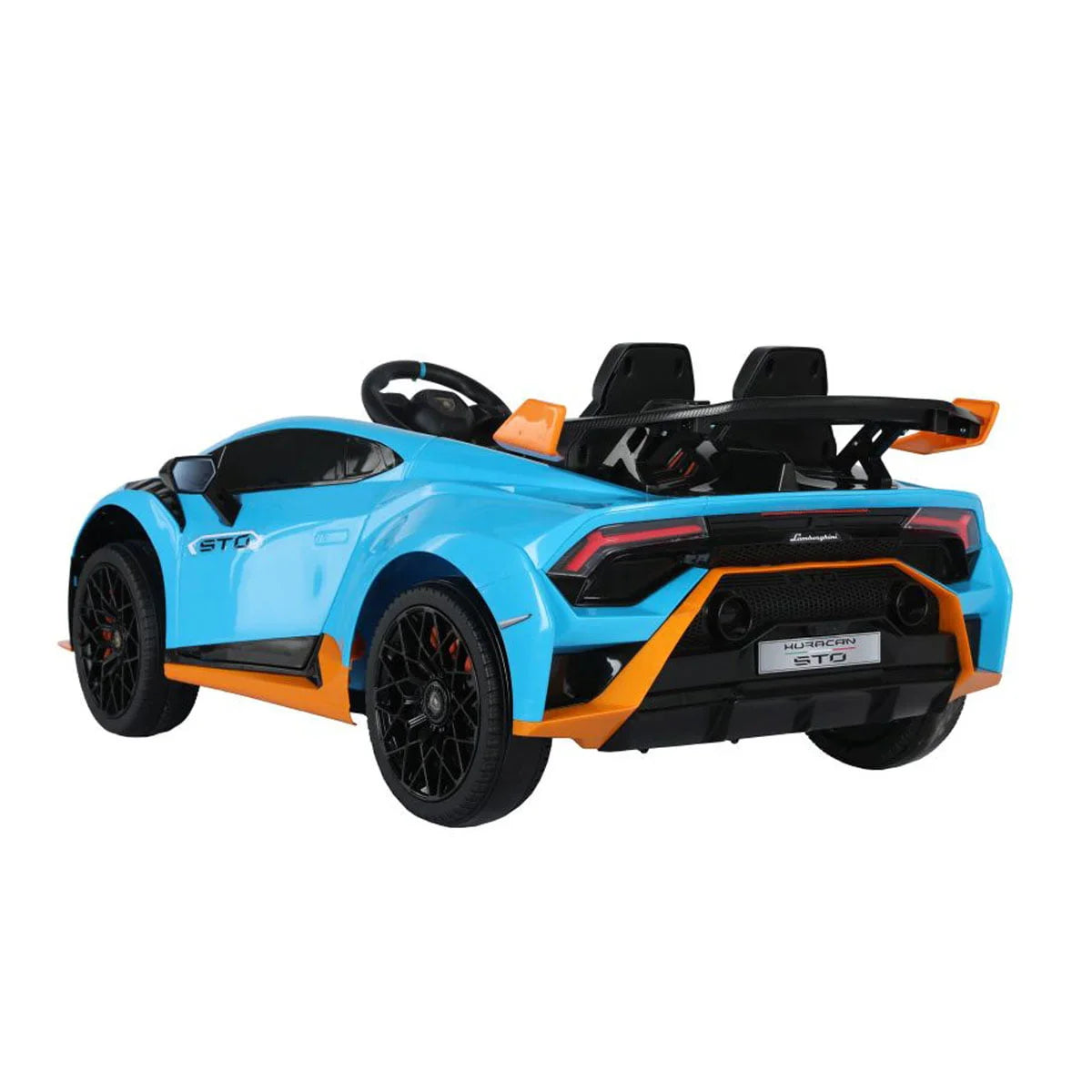 Blue licensed Lamborghini Huracán STO 24V kids electric drift car with dual seats and sporty orange accents