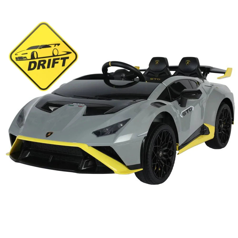 Grey Licensed Lamborghini Huracán STO kids electric drift car with remote control and sporty yellow accents