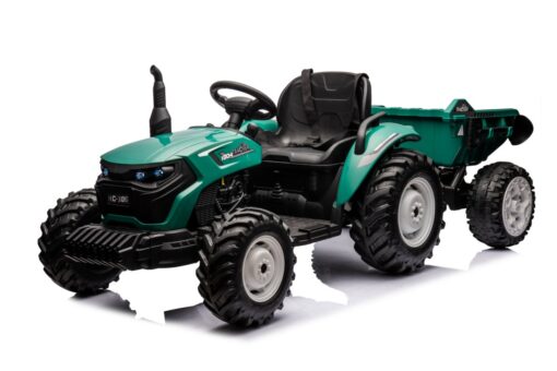 Green 24V kids ride-on tractor with trailer, large rugged tires, adjustable seat, and realistic farm vehicle design