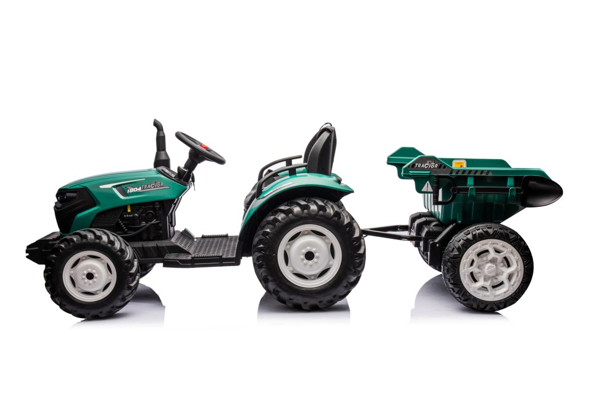 Green 24V kids ride-on tractor with detachable trailer and skip bucket for outdoor farm play.