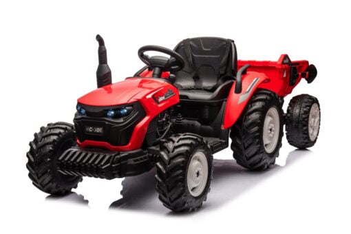 Red 24V electric kids ride-on tractor with large wheels and detachable trailer for outdoor play.