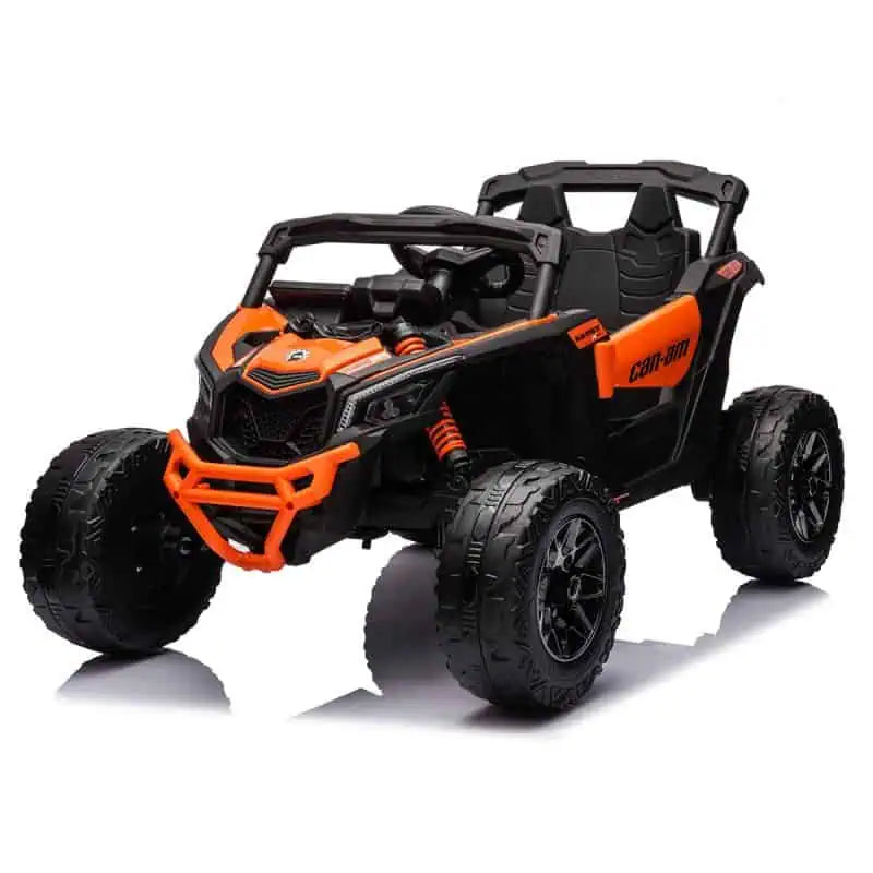Licensed Can-Am Maverick 24V kids ride-on UTV car in orange with 4WD, suspension, and single seat for ages 3 to 8 years.