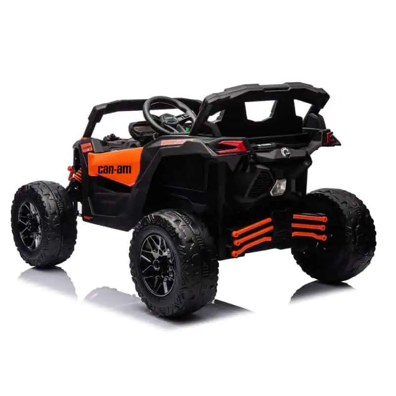 Orange and black Licensed Can-Am Maverick 24V kids ride-on UTV with rugged wheels and off-road design.