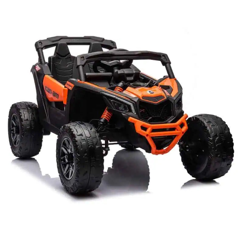 Orange and black Licensed Can-Am Maverick 24V kids ride-on UTV with four large EVA rubber tires and single seat design.