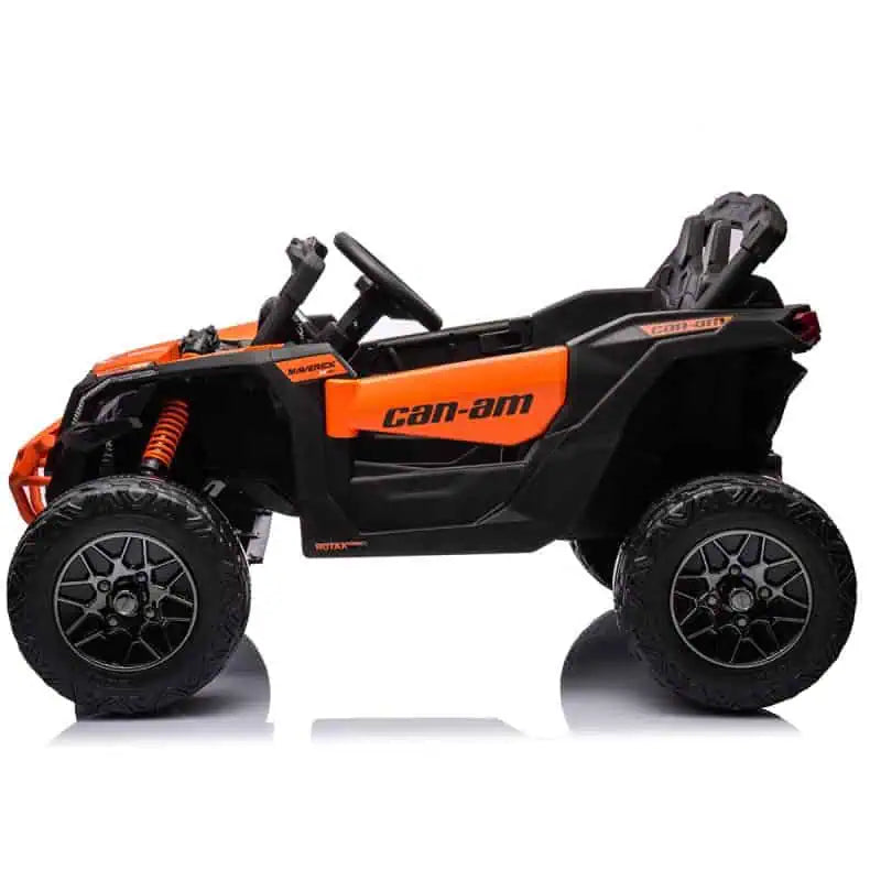 Orange and black Licensed Can-Am Maverick 24V kids ride-on UTV car with EVA rubber tires and 4WD system.