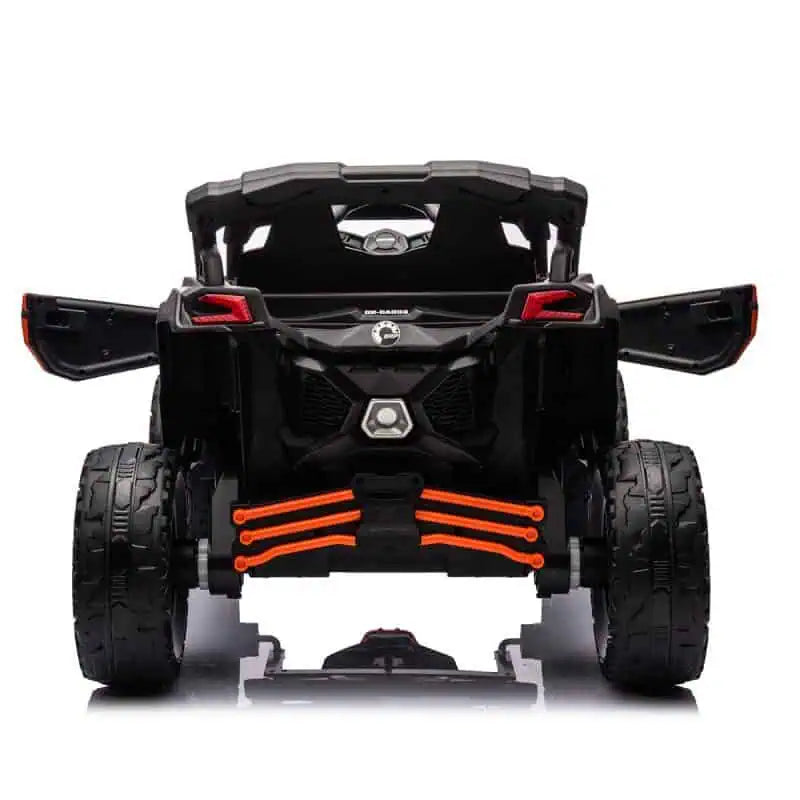 Rear view of licensed Can-Am Maverick 24V kids ride-on UTV car in black and orange with open doors and large EVA tires