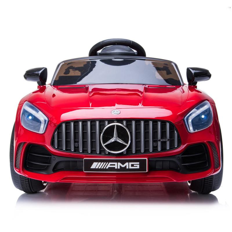 Front view of a red 12V Mercedes-Benz AMG GTR kids ride-on electric car with LED headlights on white background