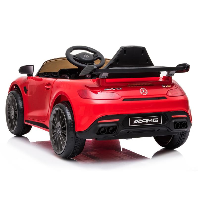Red 12V Mercedes-Benz AMG GTR kids electric ride-on car with opening doors and realistic details, suitable for ages 3 to 6.