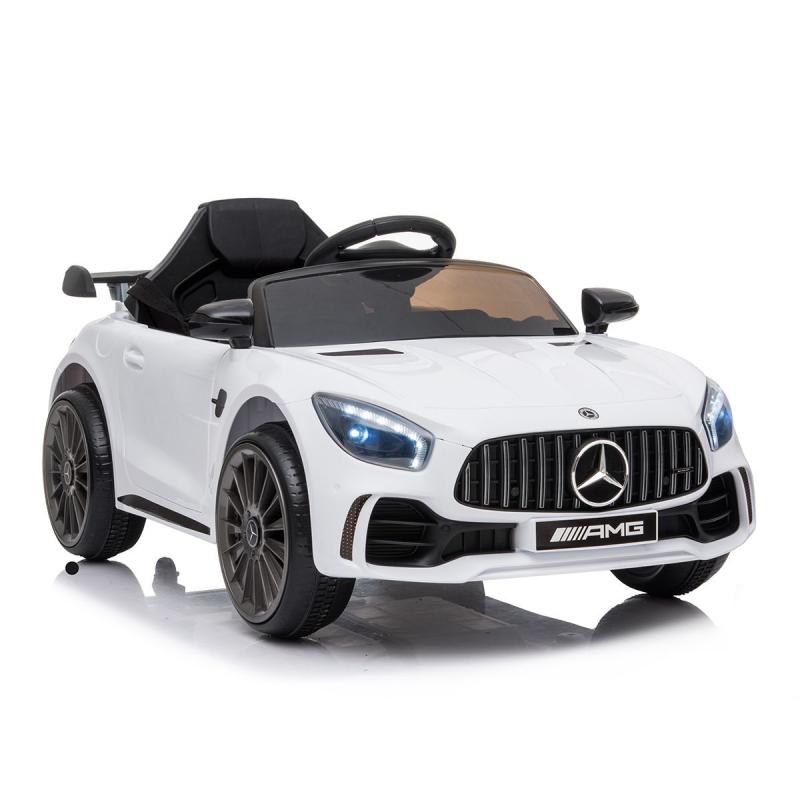 12V white Mercedes-Benz AMG GTR kids electric ride-on car with LED lights and realistic AMG styling for ages 3 to 6.
