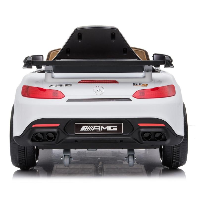 Rear view of a white 12V Mercedes-Benz AMG GTR kids electric ride-on car with AMG branding and realistic details.