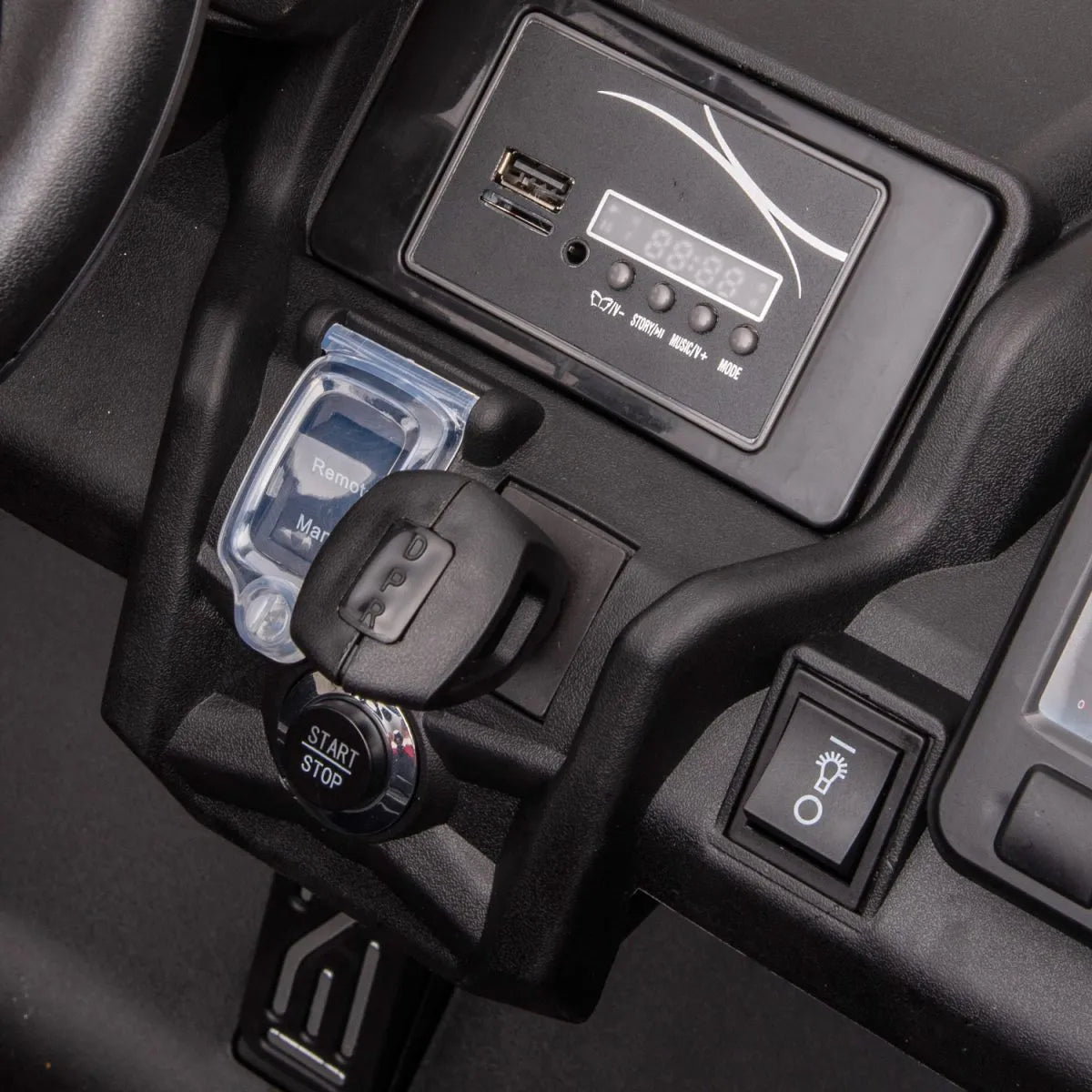 Scaled view of a ride-on car in black