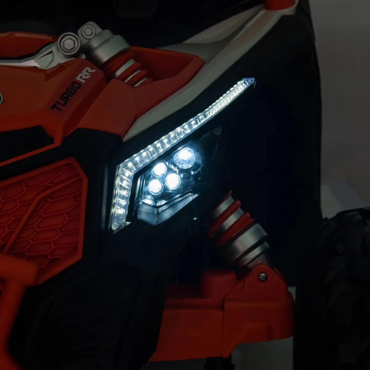 Scaled view of a ride-on car in white.