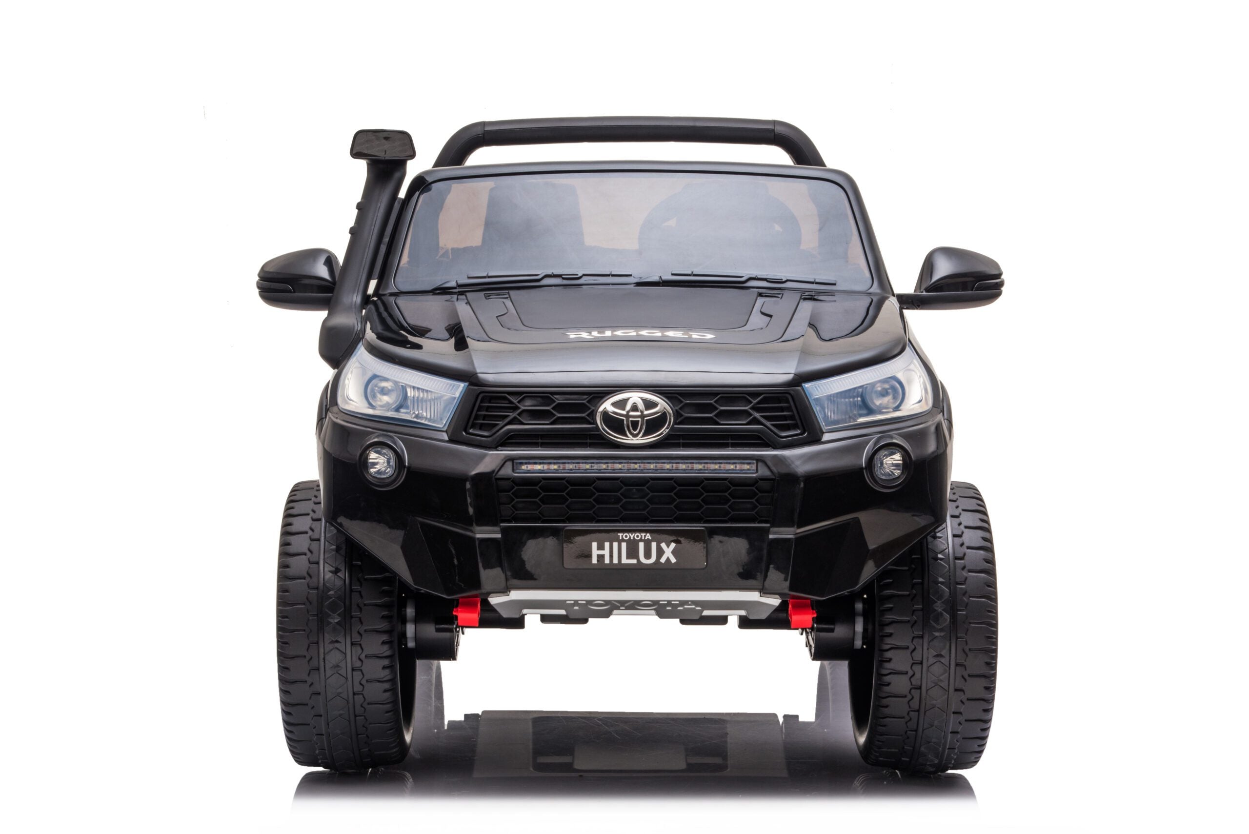 Front view of black Licensed Toyota Hilux Rugged 24V kids ride-on car with realistic details and large EVA tires