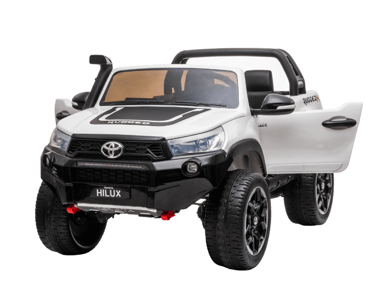 White Licensed Toyota Hilux Rugged 24V Kids Ride-On Car with open door, black wheels, and realistic SUV design