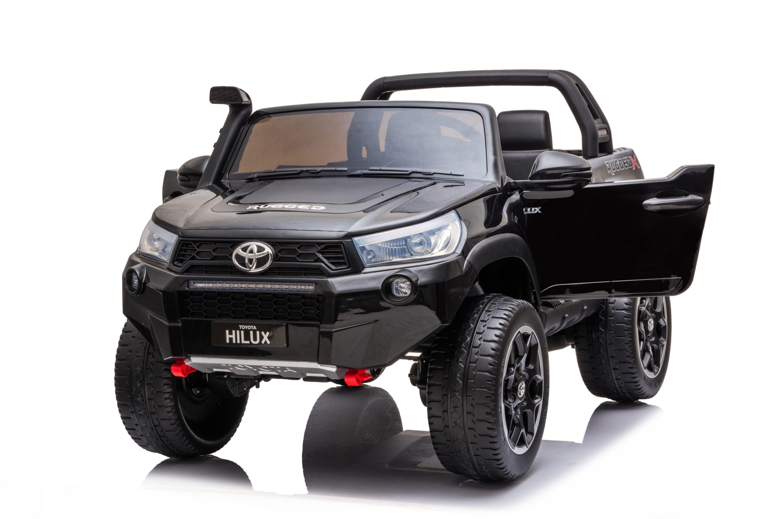 Black Licensed Toyota Hilux Rugged 24V Kids Ride-On Car with opening doors and realistic off-road design