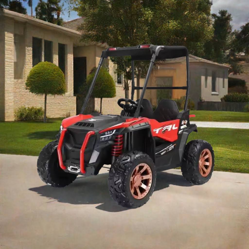 Red 24V 2-seater kids UTV beach buggy with canopy, 4WD, four-wheel suspension, and remote control for ages 3 to 8.