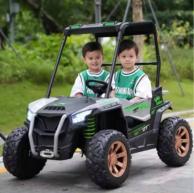 Two kids riding a black and green 24V 2-seater UTV kids ride-on buggy with canopy outdoors