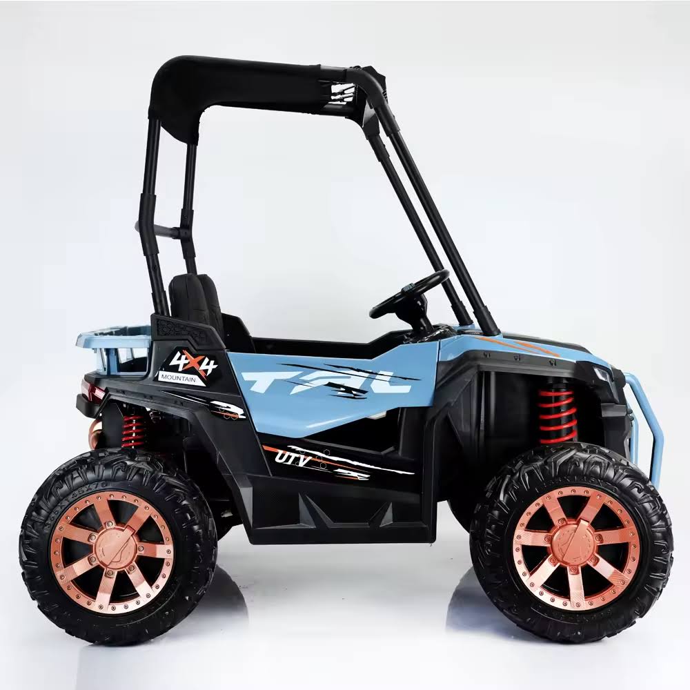 24V blue 2-seater kids UTV ride-on buggy with canopy, remote control, and large off-road tires.