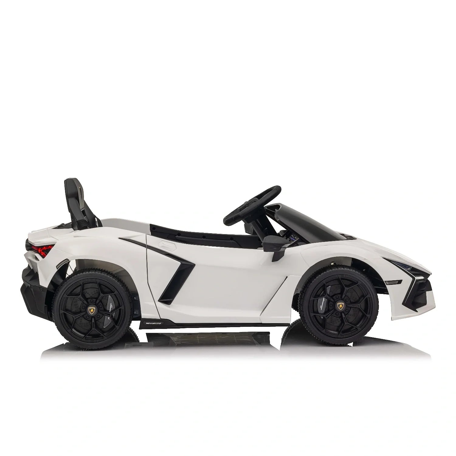 White 12V licensed Lamborghini Revuelto kids electric ride-on car with black wheels on a white background