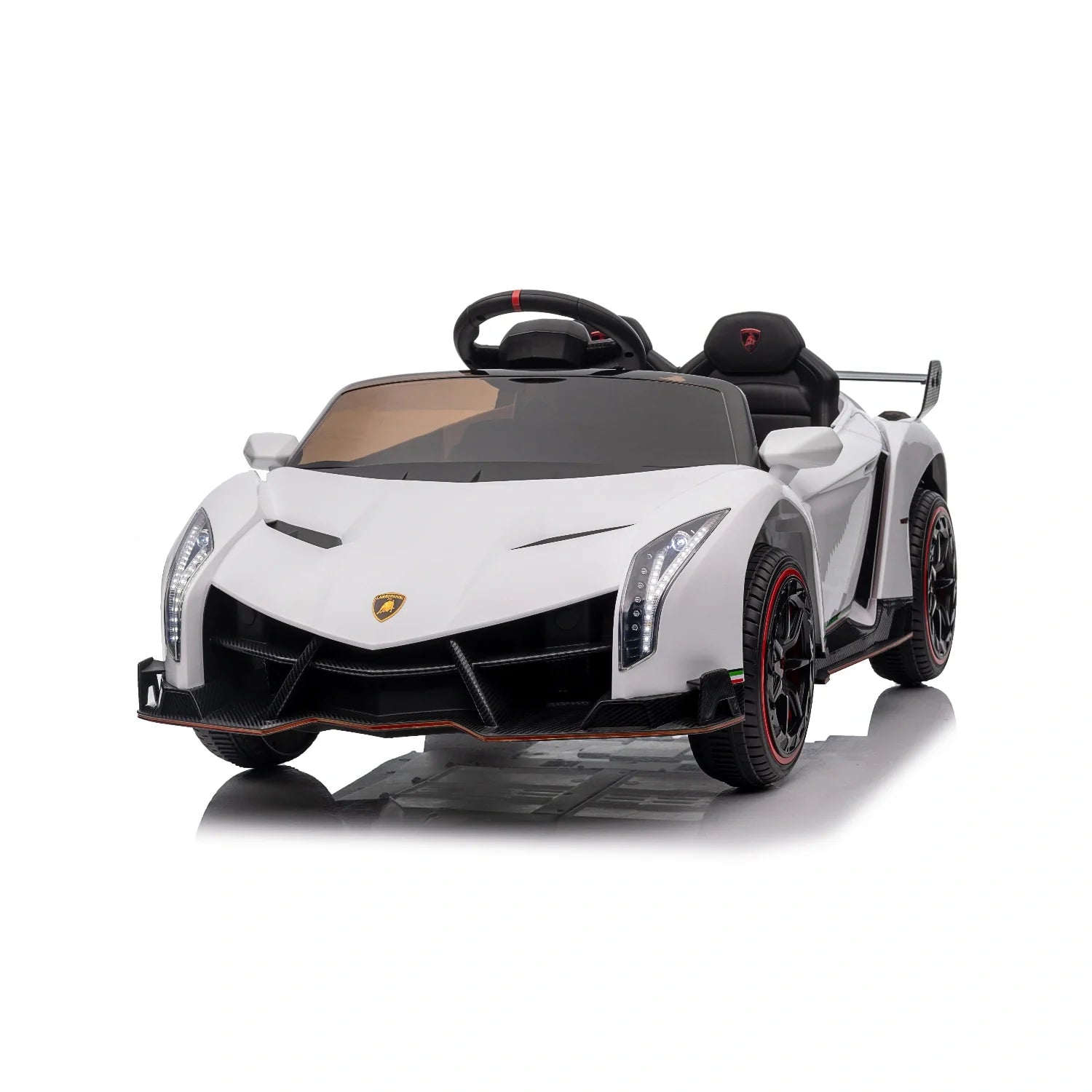 White 12V licensed Lamborghini Veneno kids electric ride-on car with black and red details on a white background.