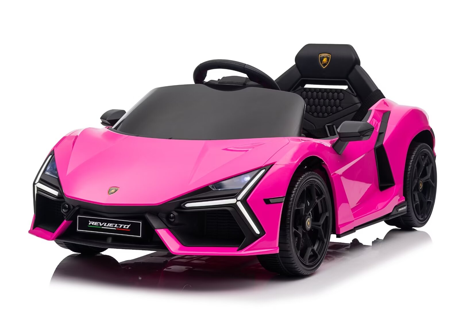 Pink Licensed Lamborghini Revuelto 12V kids ride-on car with remote, LED lights, and luxury styling for ages 2 to 6 years.