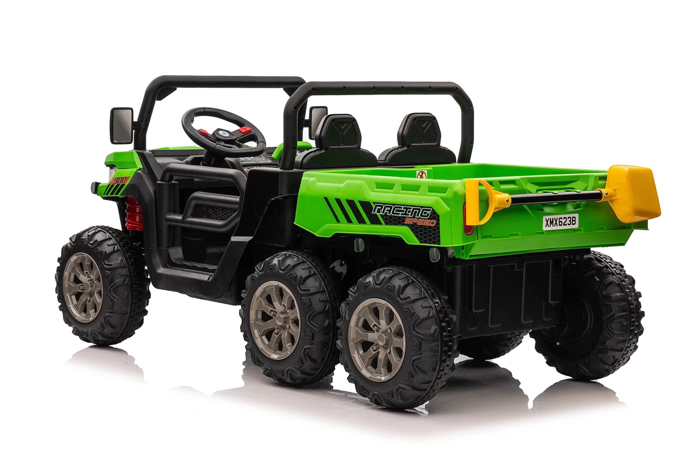Green 24V electric kids ride-on dump truck with six wheels, dual seats, and working tipper tray.