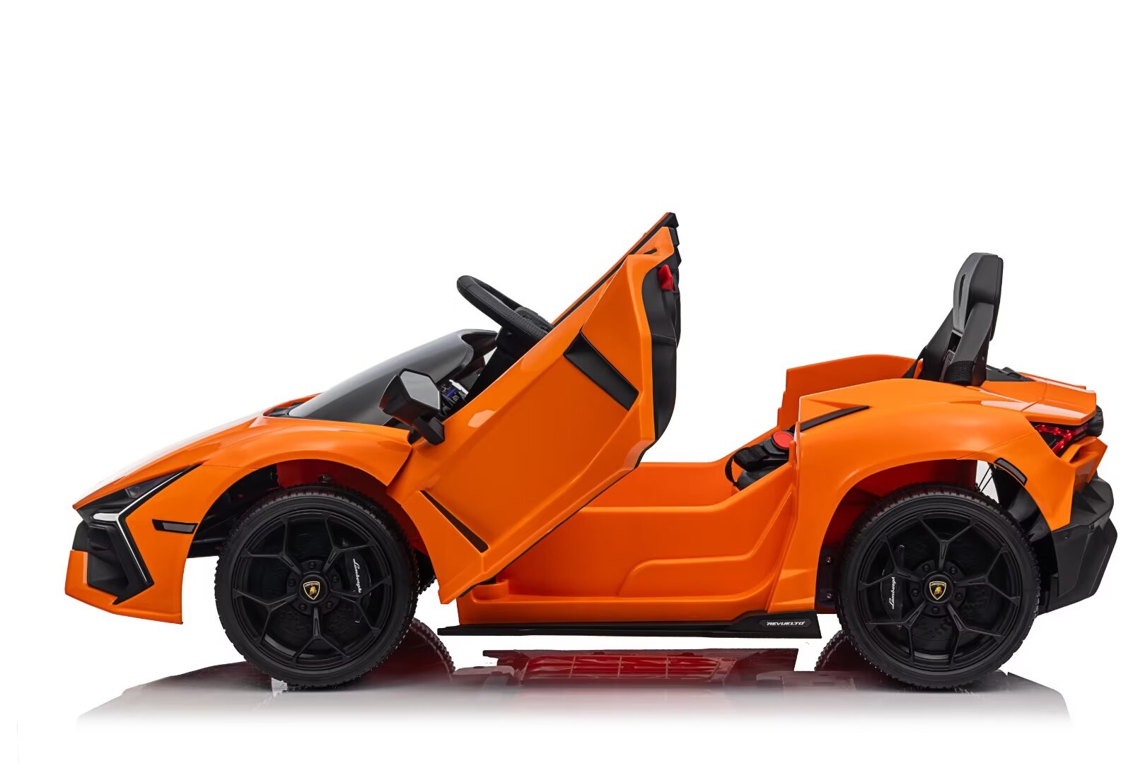 Orange Licensed Lamborghini Revuelto 12V kids ride-on car with opening doors and realistic supercar design side view