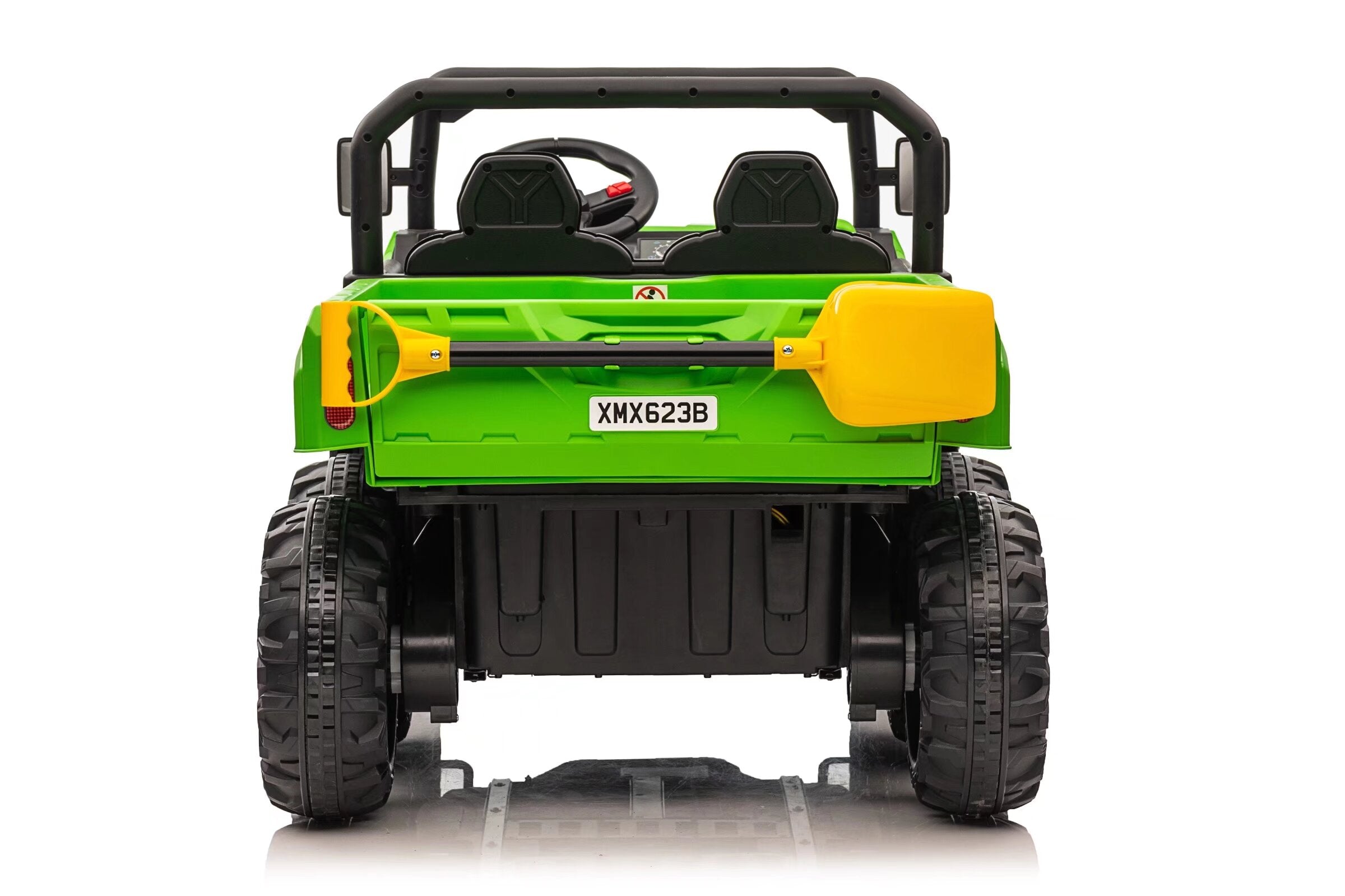 Rear view of green 24V kids ride-on dump truck with dual seats and EVA rubber tyres on white background.