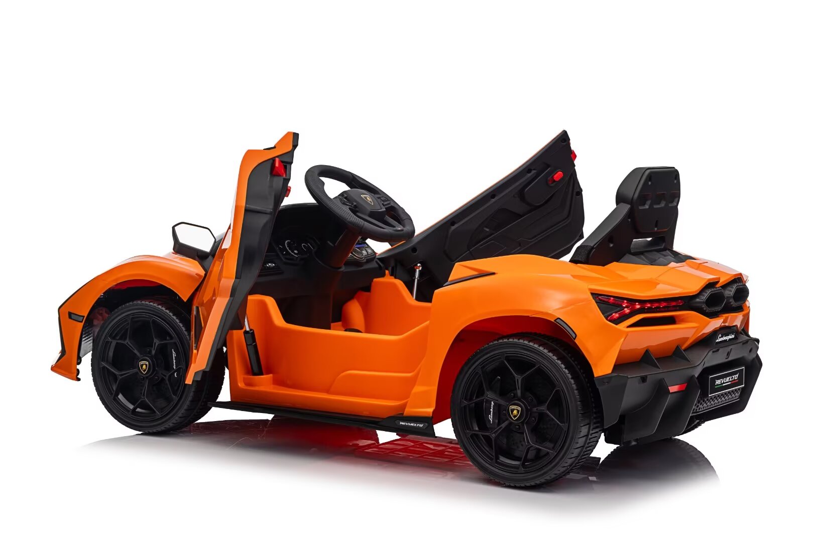 Orange Licensed Lamborghini Revuelto 12V kids ride-on car with remote control and opening doors, styled like a real supercar.