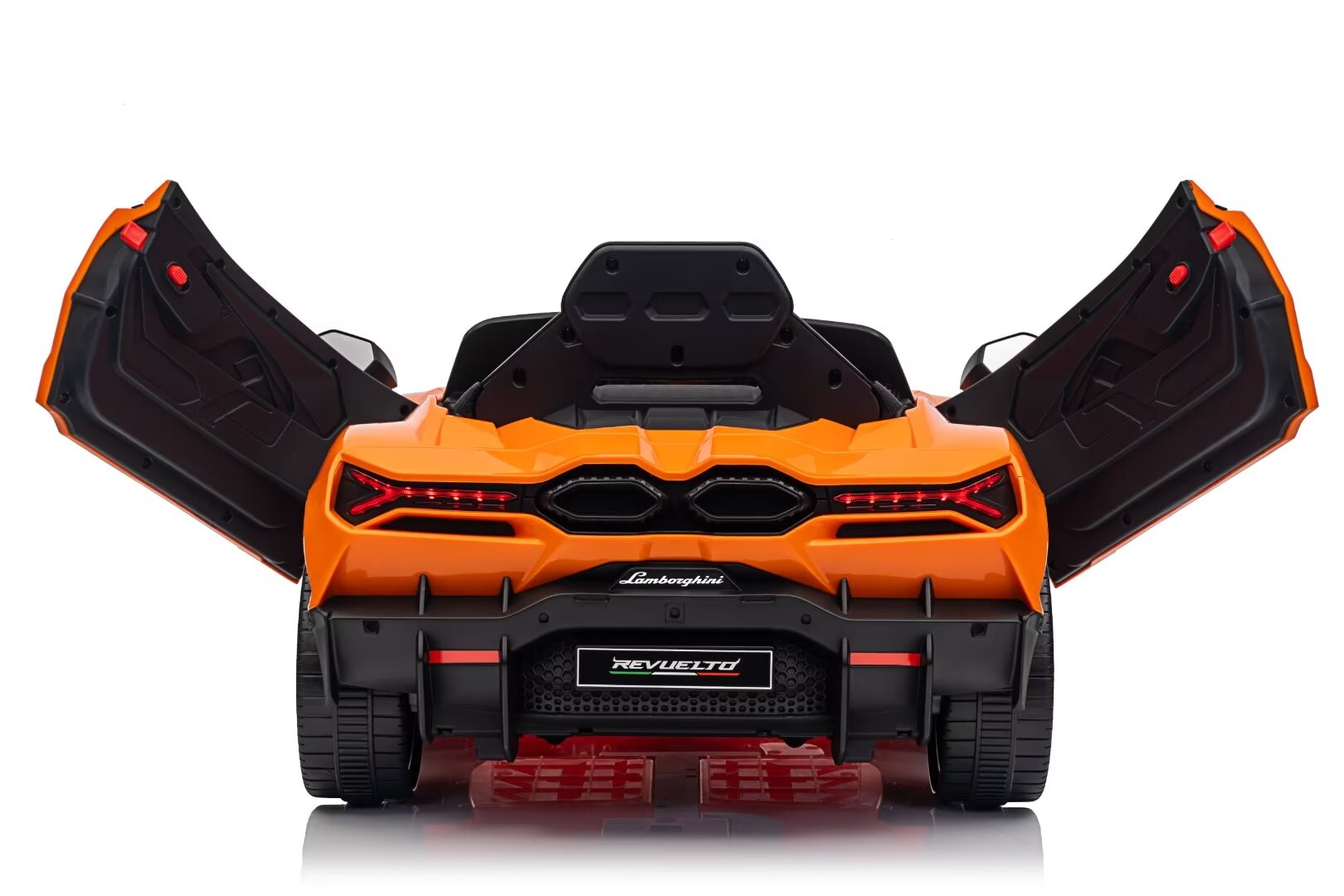 Rear view of an orange Licensed Lamborghini Revuelto 12V kids ride-on car with open gull-wing doors and detailed taillights