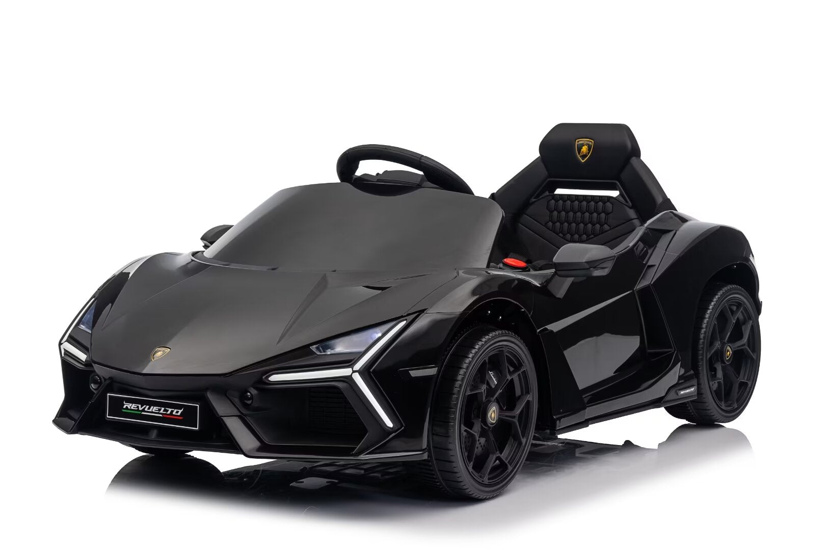 Black Licensed Lamborghini Revuelto 12V kids ride-on car with remote, LED lights, and realistic sports car design.