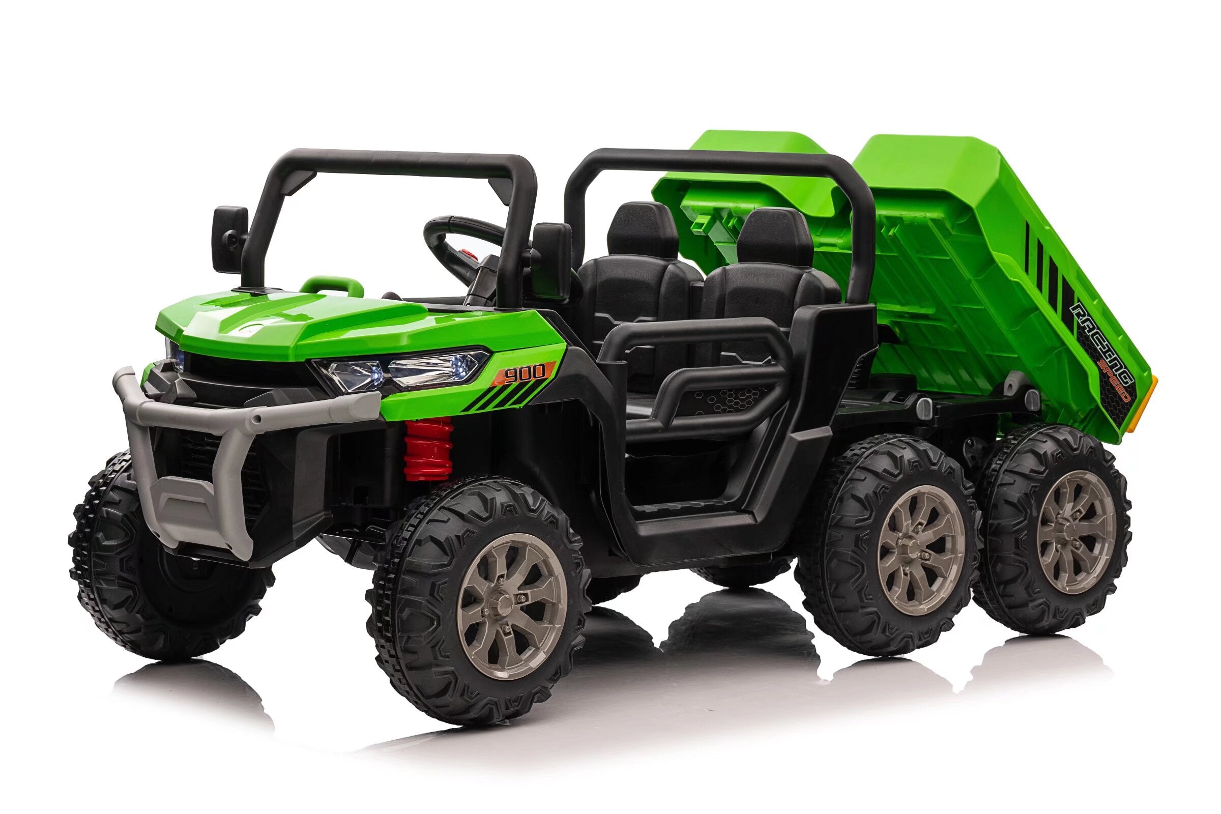 Green 24V electric 6-wheel kids ride-on dump truck with dual seats and tipping cargo bed.