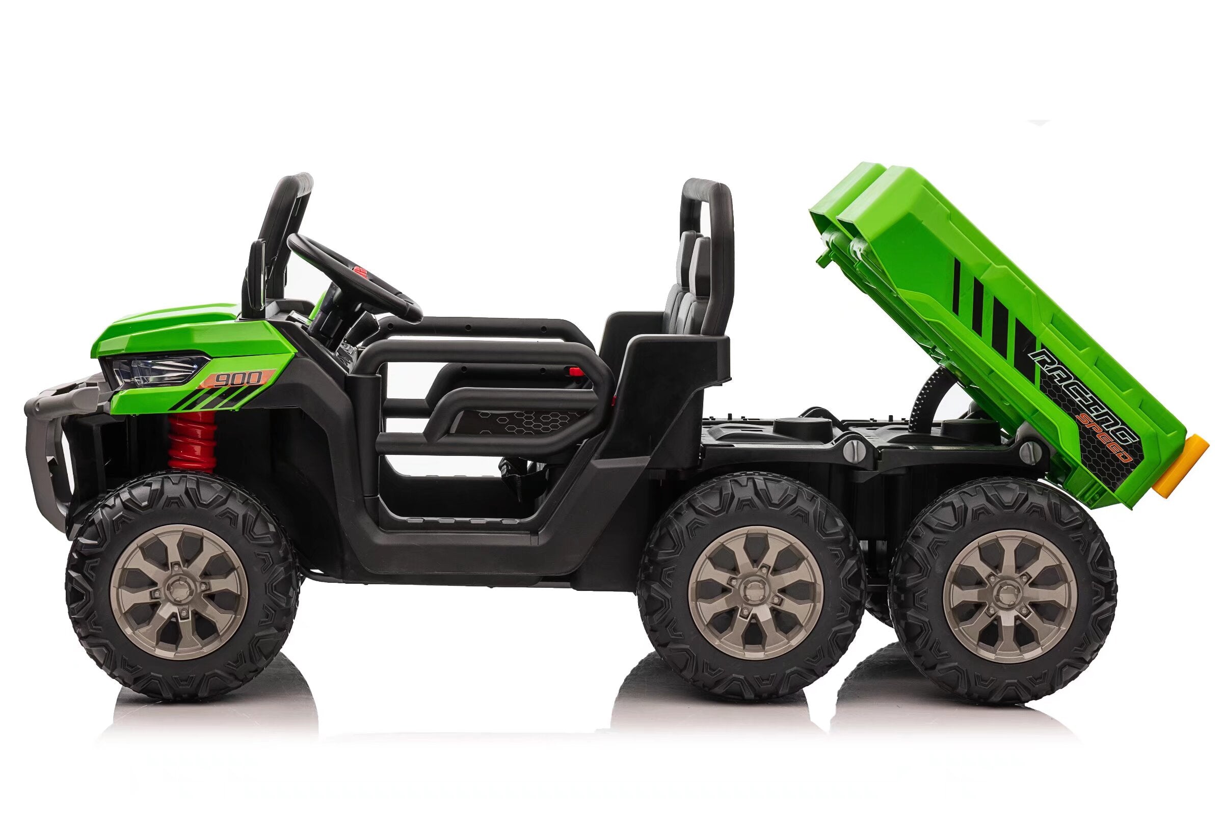 Green 24V kids ride-on dump truck with six wheels, dual seats, electric tipper, and realistic design.