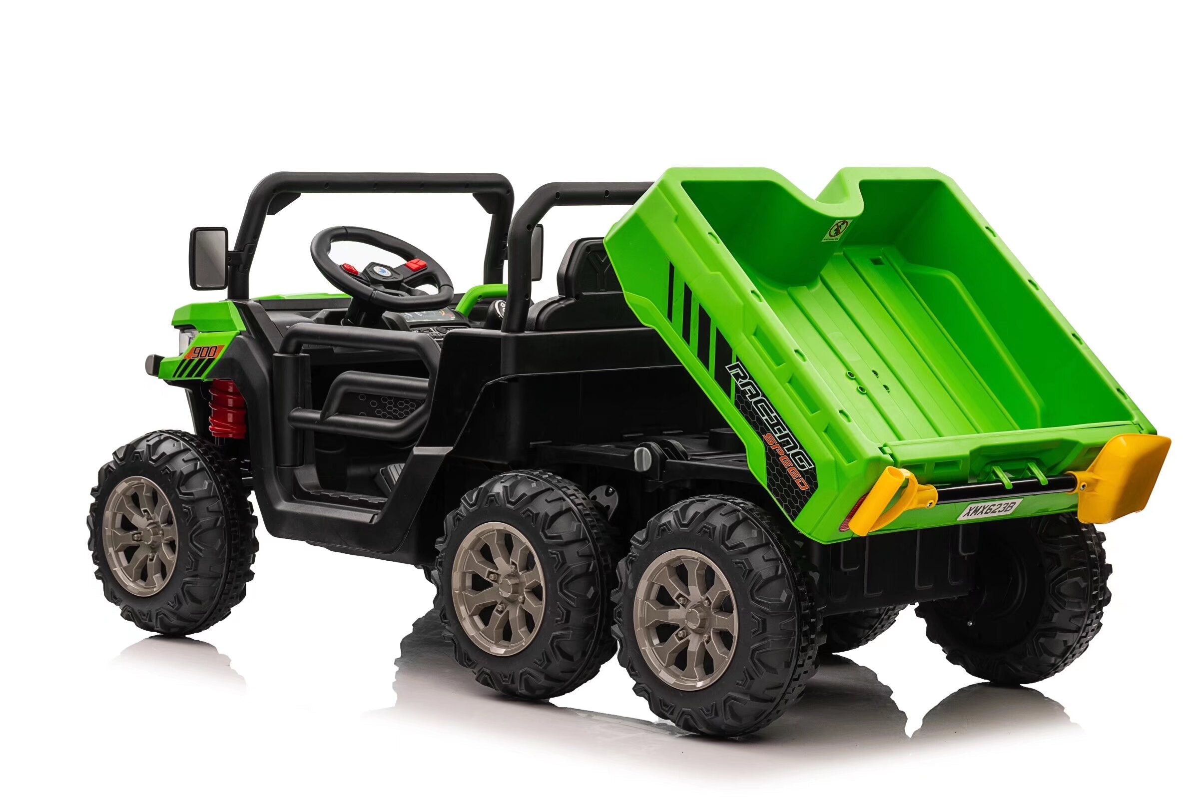 Green 24V kids ride-on electric dump truck with six wheels, dual seats, and a working tipper tray.