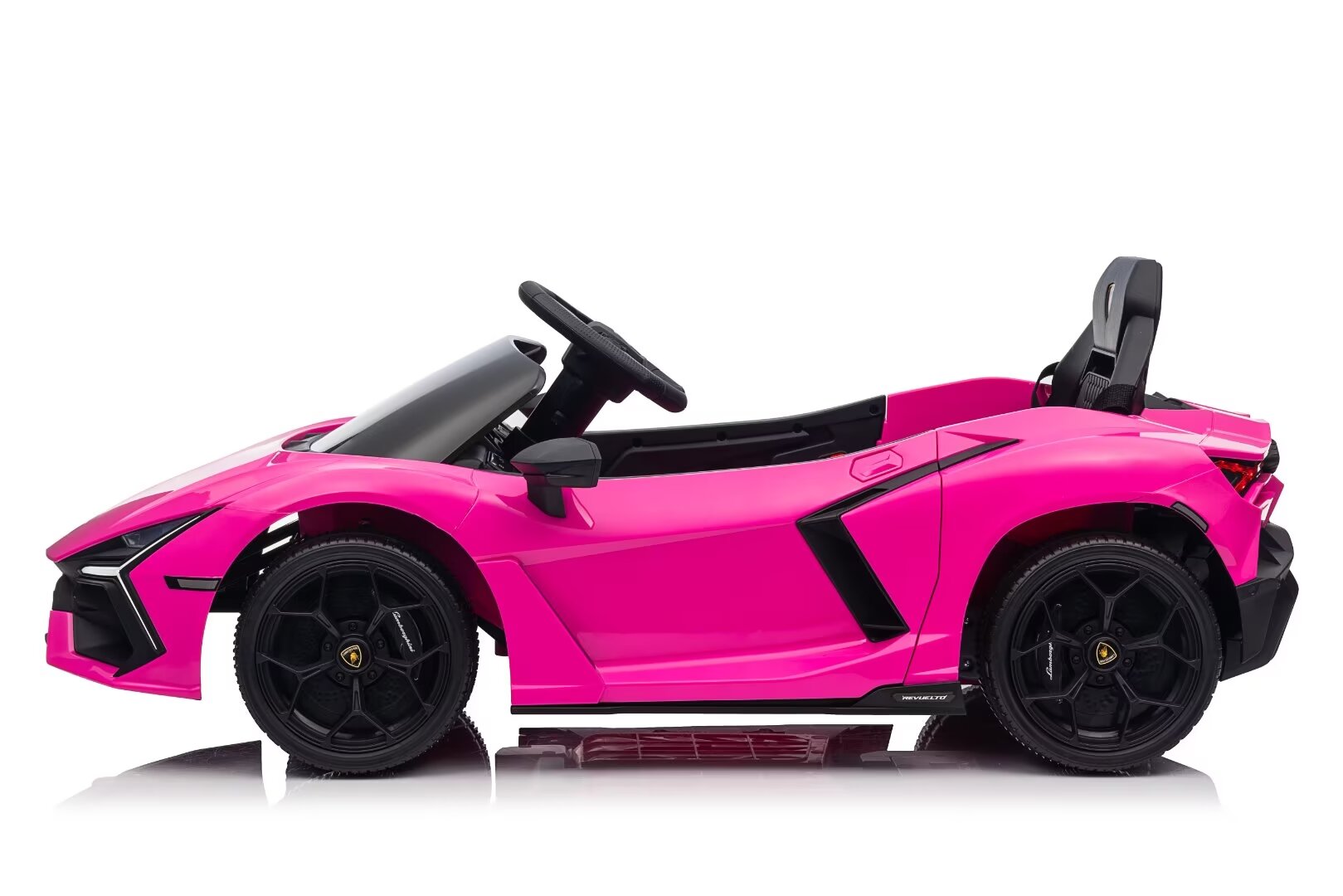 Pink Licensed Lamborghini Revuelto 12V kids ride-on car with remote control and realistic supercar design.