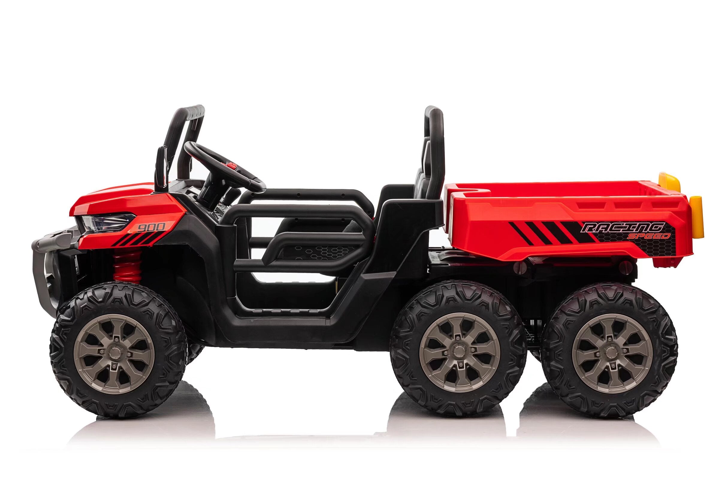 24V electric kids ride-on dump truck in red with six wheels, dual seats, and realistic tipping tray function.
