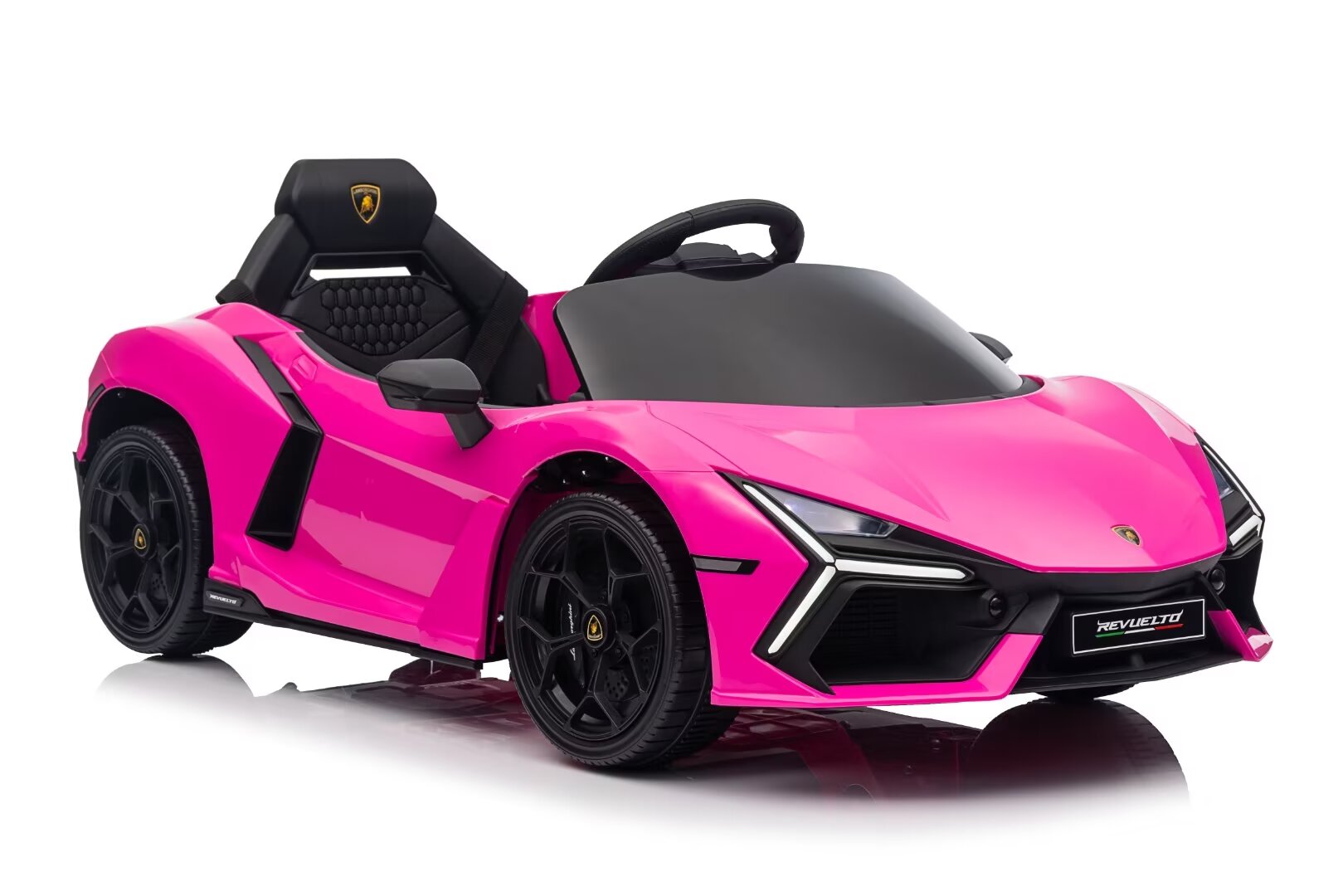 Pink Licensed Lamborghini Revuelto 12V Kids Ride-On Car with black detailing and realistic design features.
