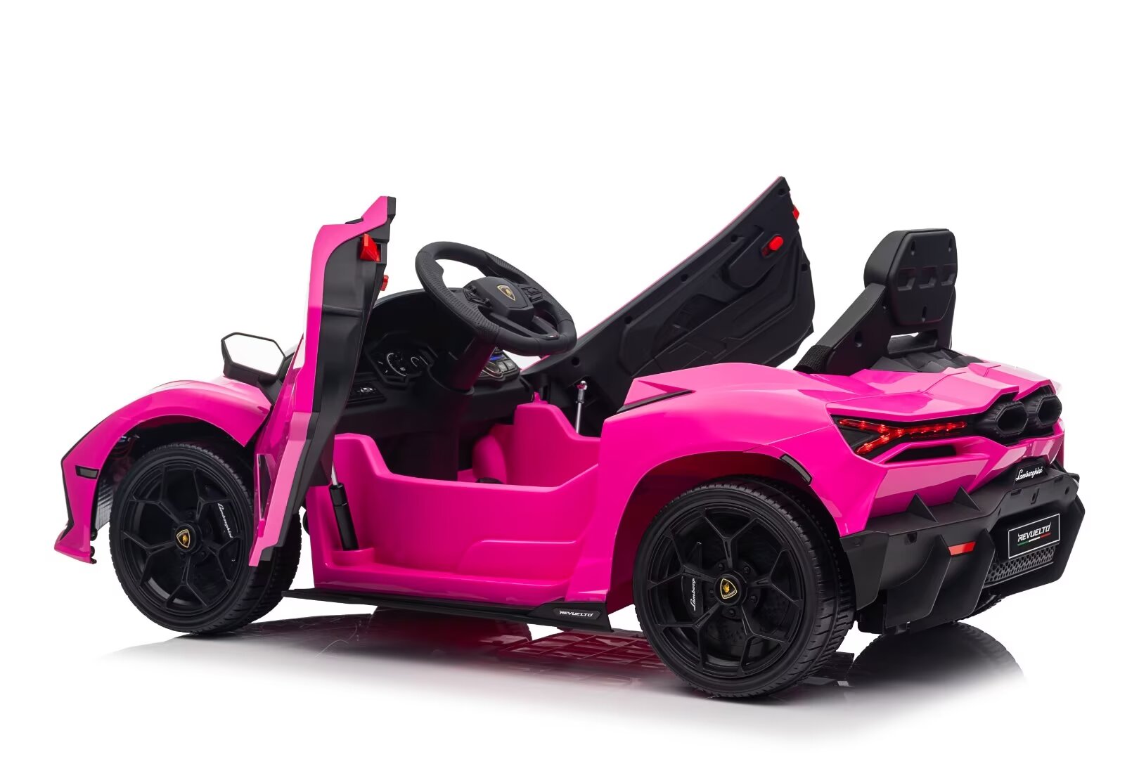 Pink Licensed Lamborghini Revuelto 12V kids ride-on car with open doors, black wheels, and steering wheel visible.