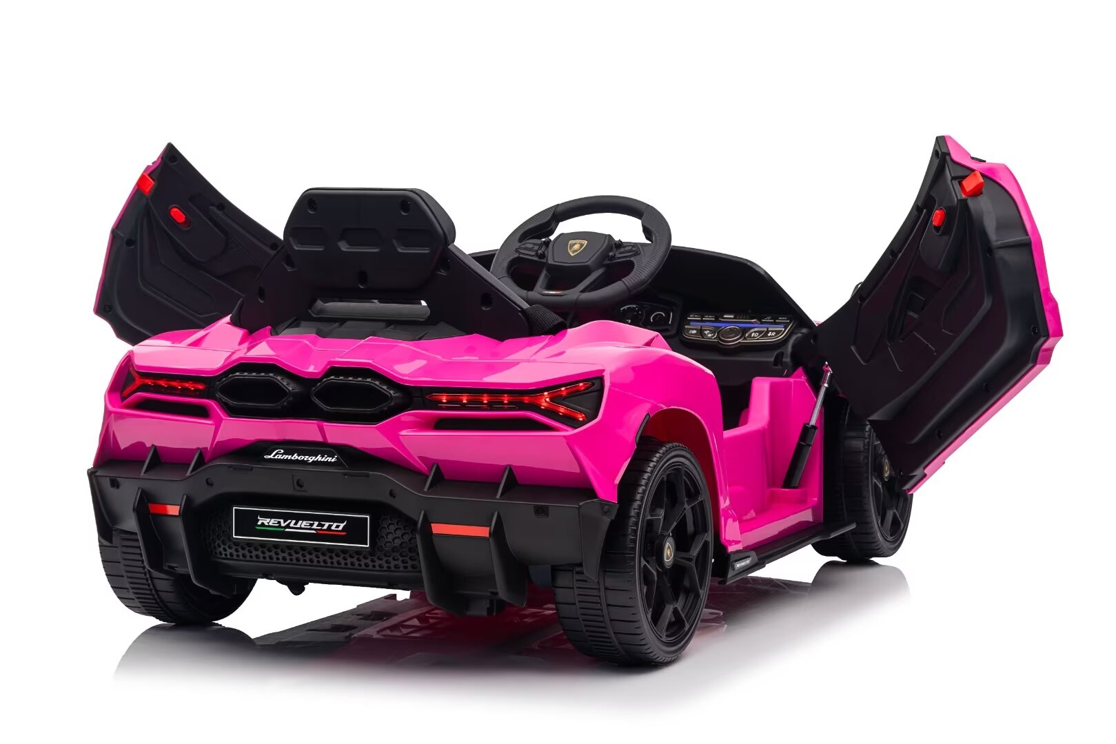 Pink Licensed Lamborghini Revuelto 12V Kids Ride-On Car with open doors and realistic design details shown from the rear angle