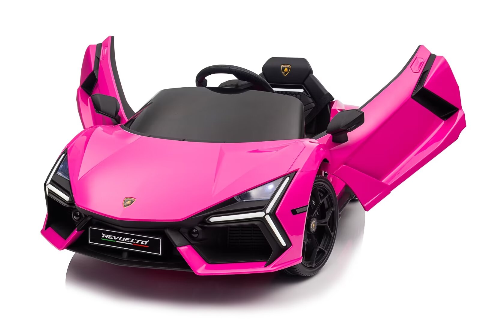 Pink Licensed Lamborghini Revuelto 12V Kids Ride-On Car with remote, LED lights, opening doors, and realistic design for ages 2–6.