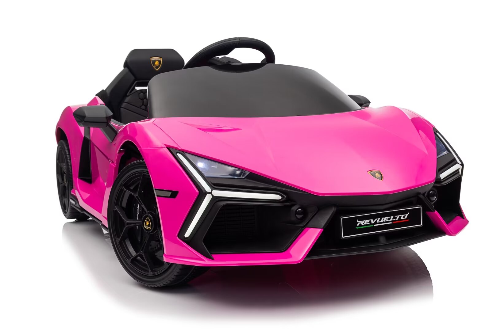 Pink Licensed Lamborghini Revuelto 12V kids ride-on car with LED lights, remote control, and realistic supercar design.
