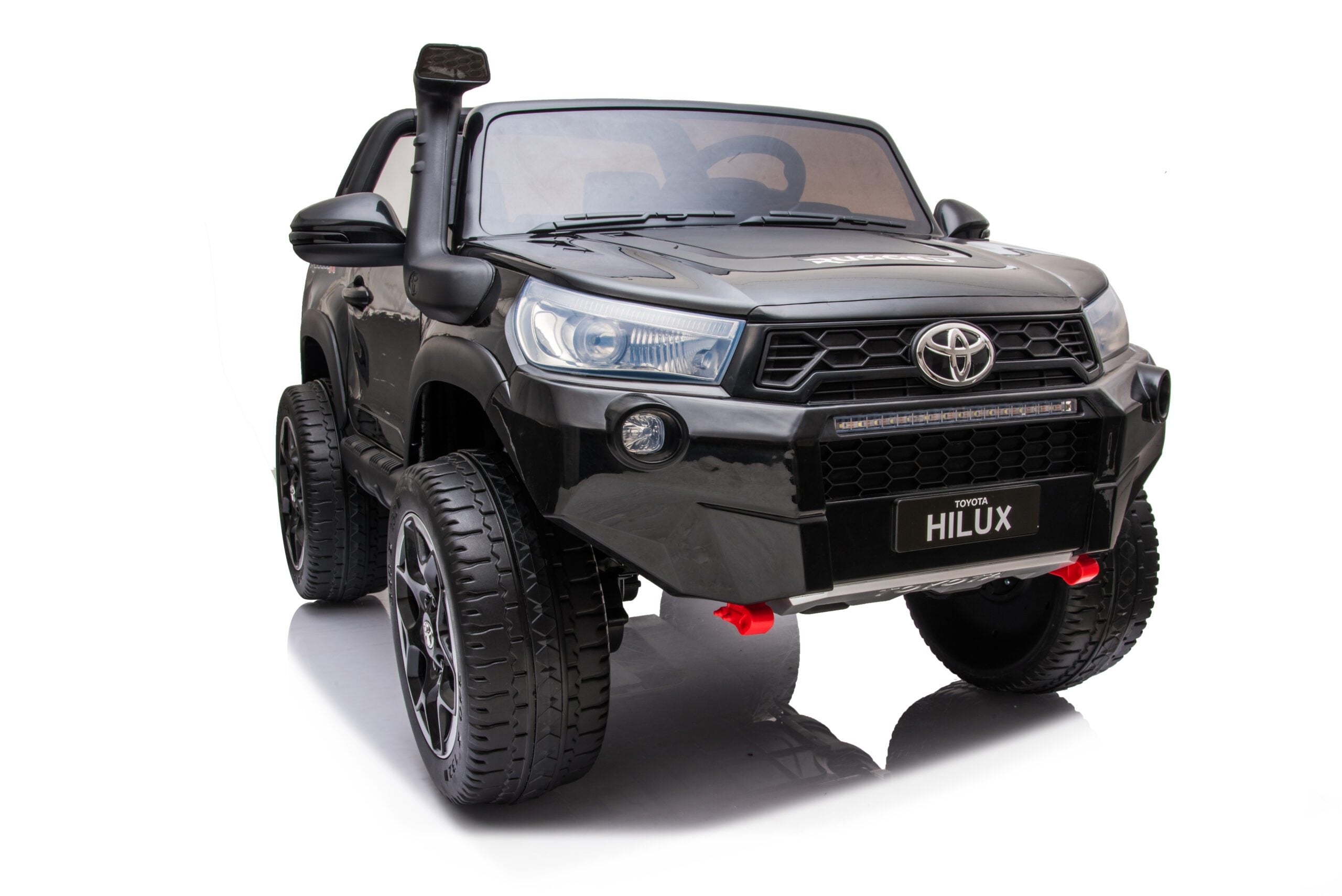 Black Licensed Toyota Hilux Rugged 24V Kids Ride-On Car with LED lights, two seats, and off-road EVA tires, 800W motor power.