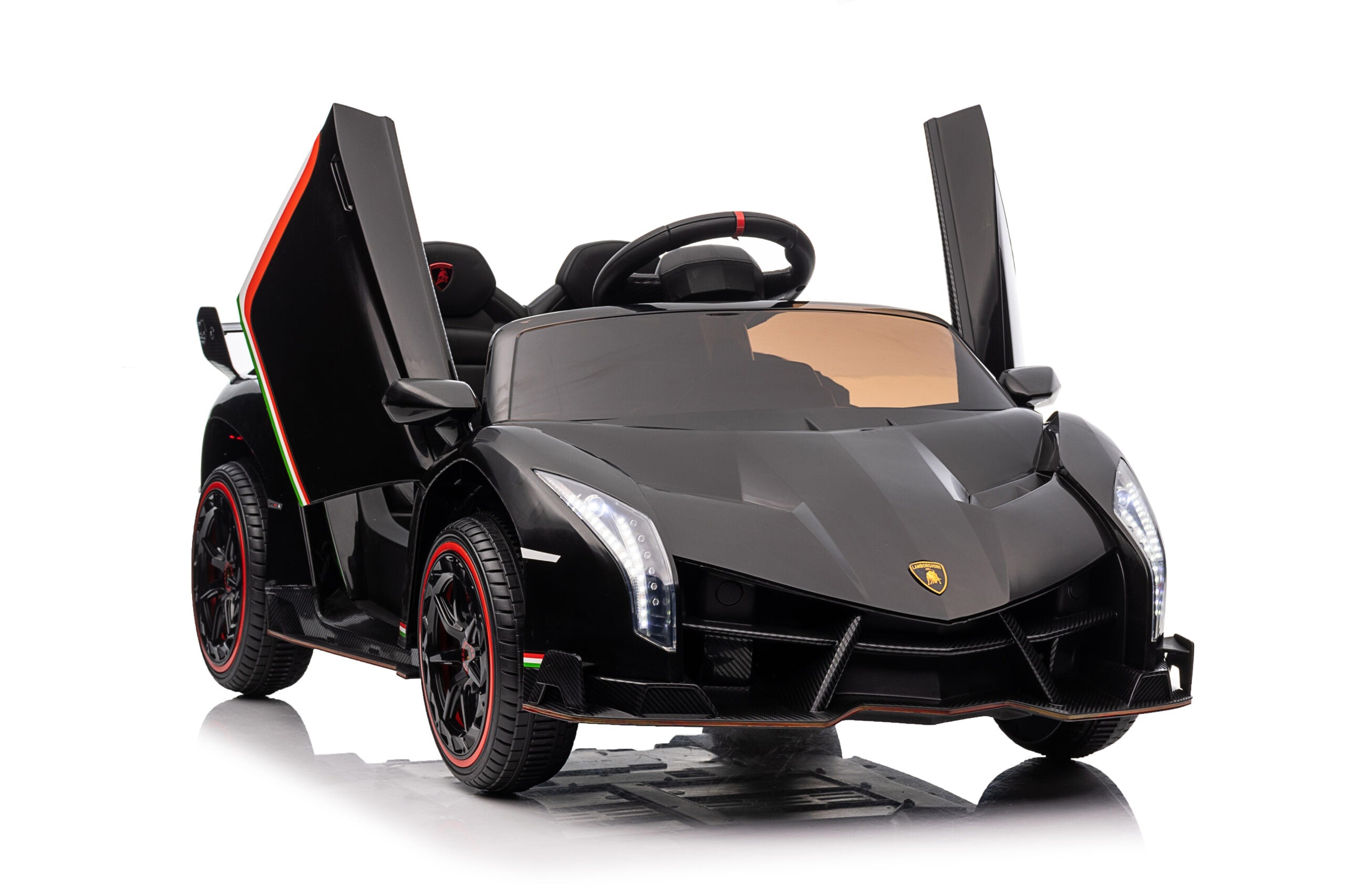 Black Lamborghini Veneno ride-on car for kids with scissor doors, LED lights, and detailed luxury design