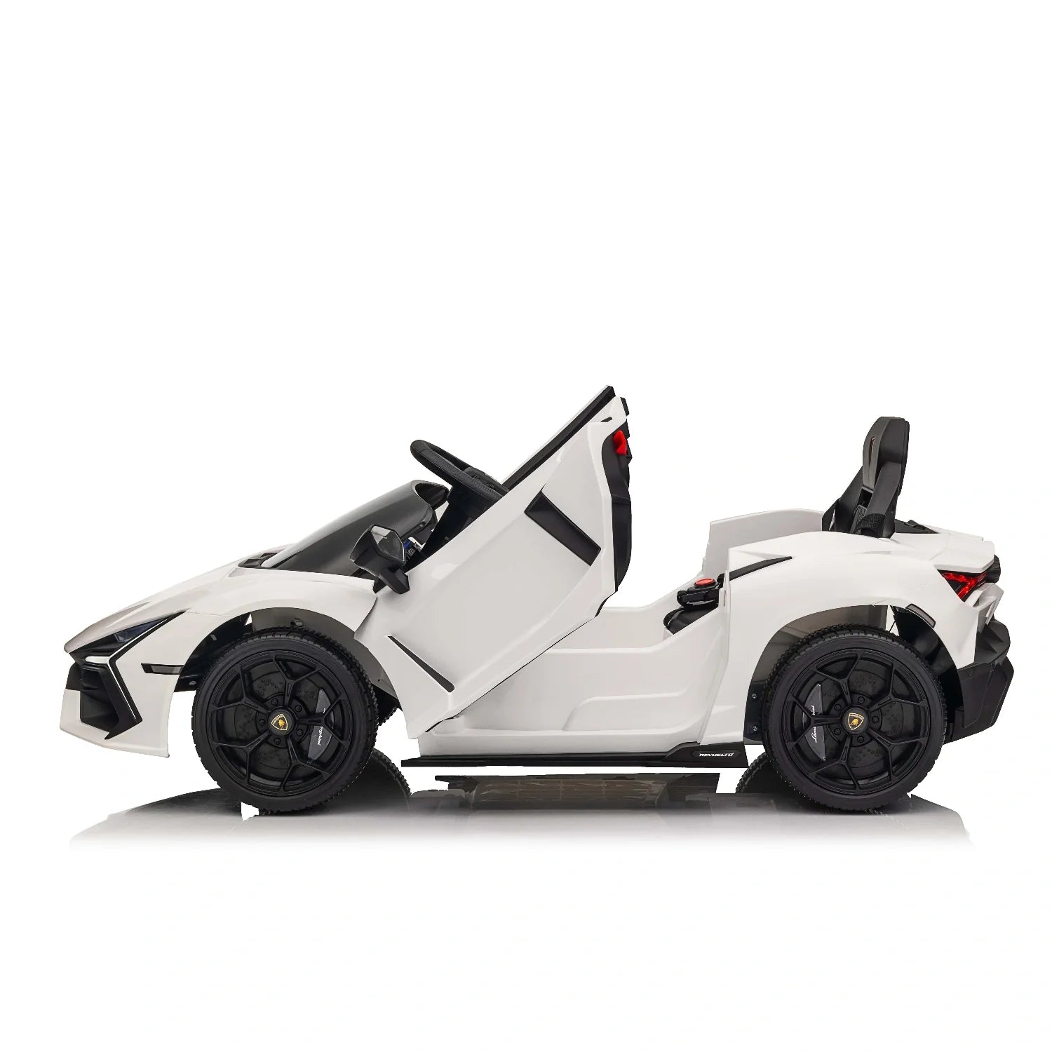 White 12V Lamborghini Revuelto kids electric ride-on car with open scissor doors on a white background